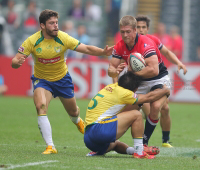 Action from the Hong Kong vs Brazil match at the Hong Kong Rugby Sevens 2015.