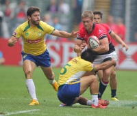 Hong Kong Rugby Sevens men's team in action at the 2015 Cathay Pacific / HSBC Hong Kong Sevens.