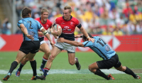 Hong Kong Rugby Sevens men's team in action at the 2015 Cathay Pacific / HSBC Hong Kong Sevens.