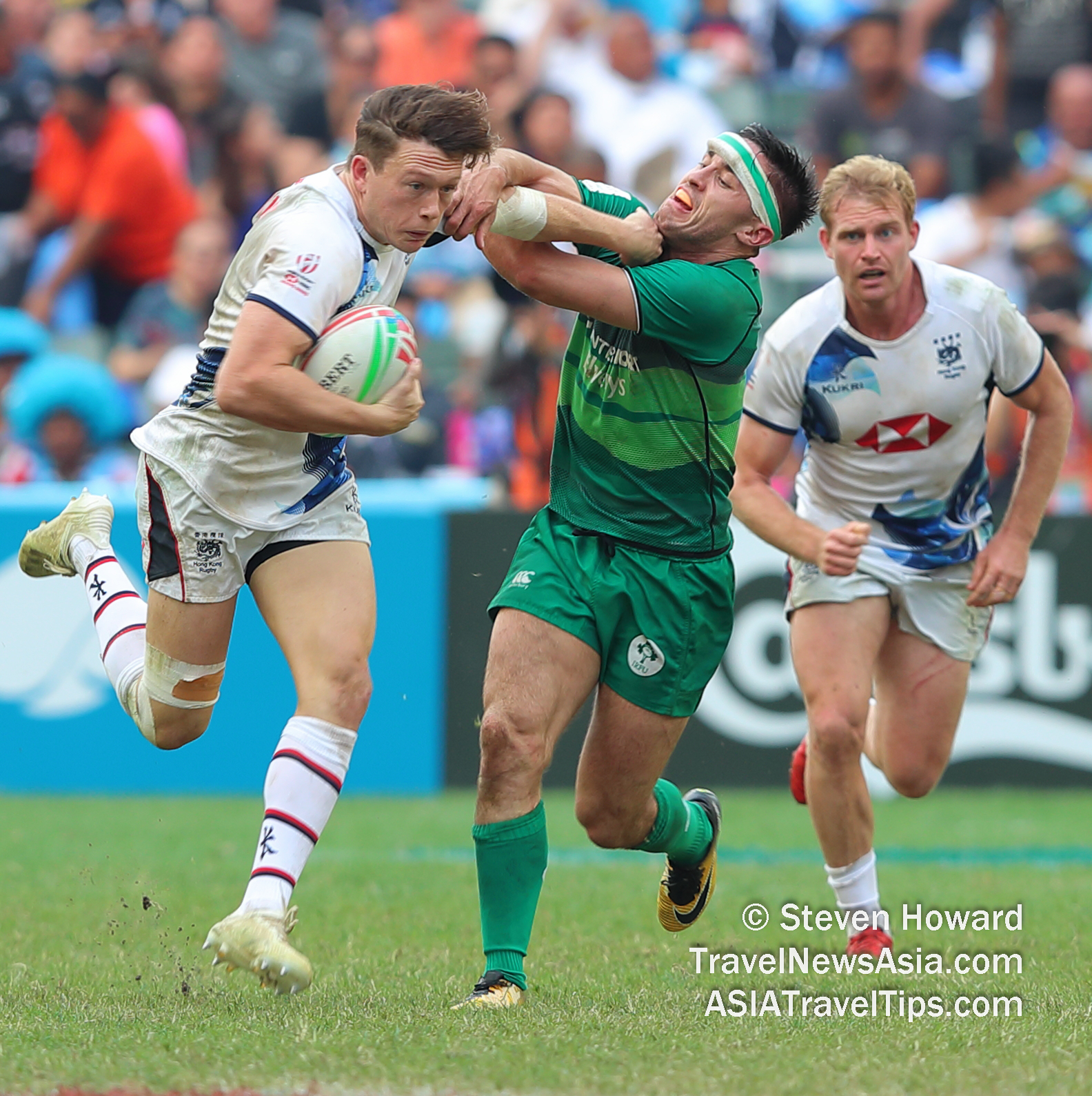Ireland in action against Hong Kong at the Cathay Pacific / HSBC Hong Kong Sevens 2019. The HK7s are the perfect example of the power of sport tourism as not only has it been Asia's most successful annual sporting event for decades, it has had a massive impact on the growth of rugby sevens around the world and encouraged more people in the region, and elsewhere, to play sport and live a healthier lifestyle. It is also a massive corporate networking event. Picture by Steven Howard of TravelNewsAsia.com Click to enlarge.