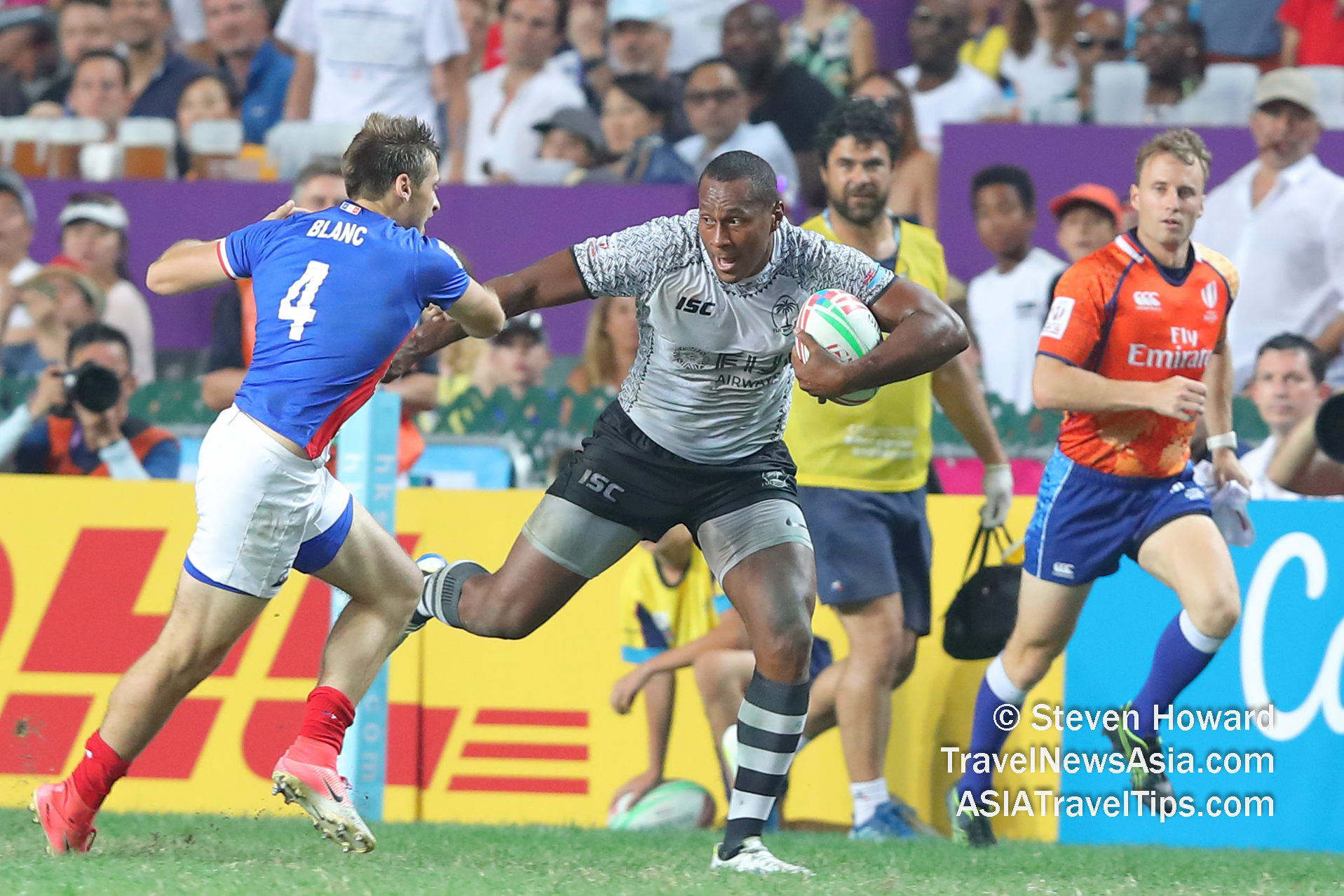 Action between Fiji and France at the Cathay Pacific / HSBC Hong Kong Sevens 2019. Picture by Steven Howard of TravelNewsAsia.com Click to enlarge.
