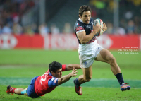 Rowan Varty powering past a challenge at the 2014 Hong Kong Sevens