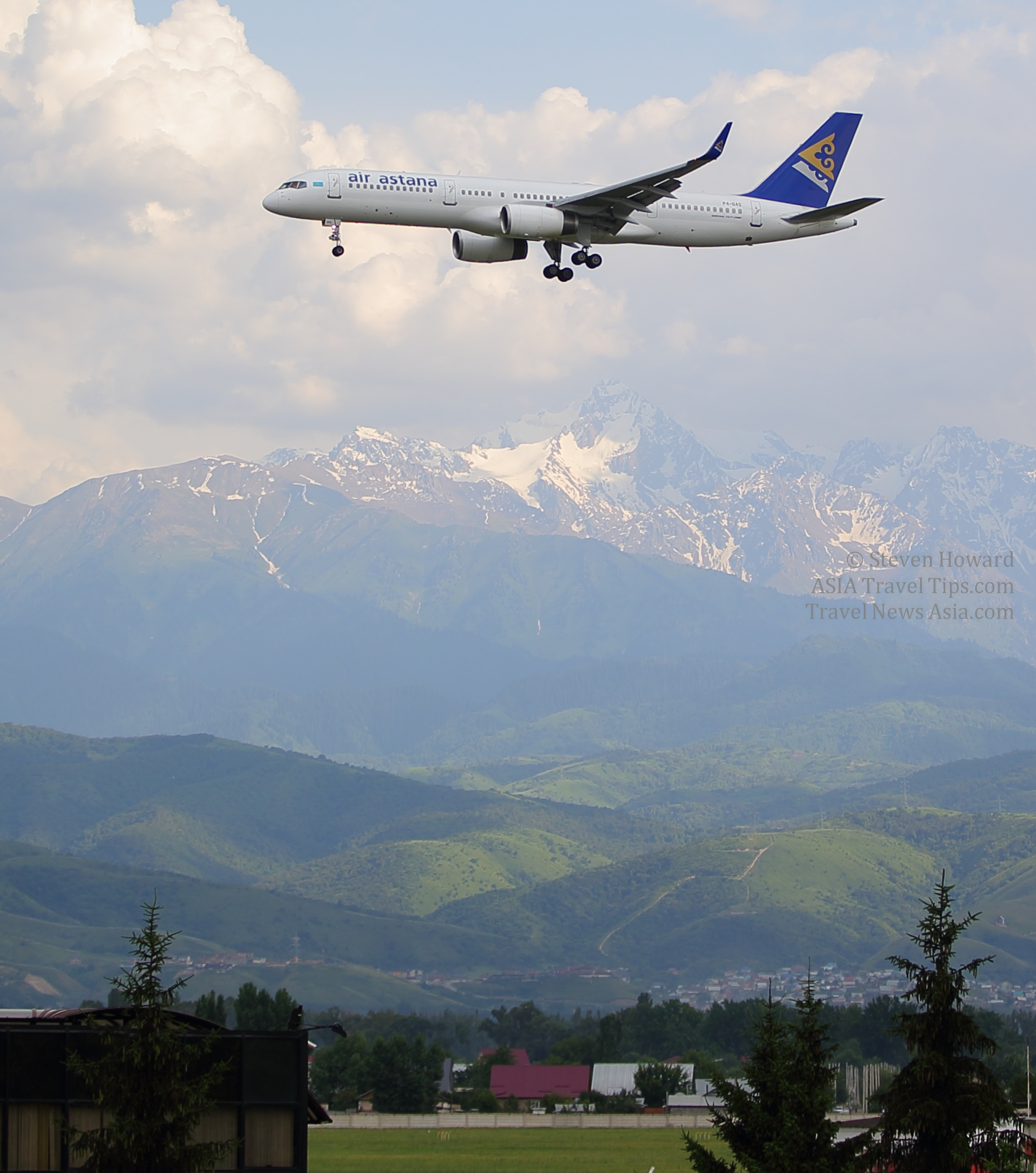 Air Astana aircraft coming in to land at Almaty, Kazakhstan. Click to enlarge.