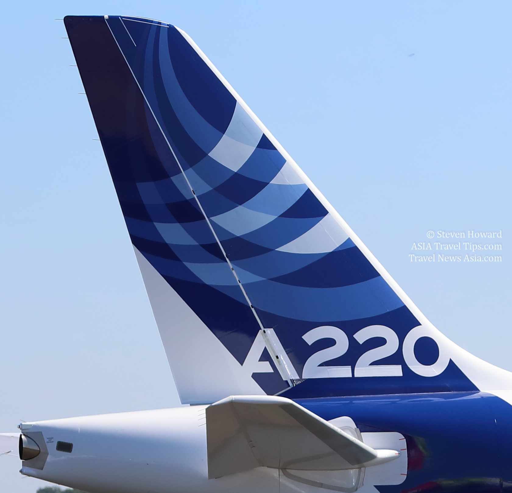 Tail fin of an Airbus A220. Picture by Steven Howard of TravelNewsAsia.com Click to enlarge.