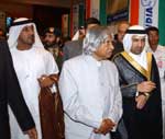 HE Dr. A.P.J. Abdul Kalam, the President of India (centre) touring GITEX Dubai 2003 with His Highness Sheikh Ahmed bin Saeed Al Maktoum (left), President of the Department of Civil Aviation, Chairman of the Emirates Group and Vice Chairman of DWTC and Director General, Mubarak bin Fahad