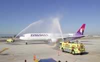 San Jos Fire Department pay tribute with a water cannon salute as Hawaiian Airlines launches direct daily flights between San Jose and Honolulu