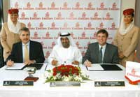 Emirates today signed a new engine maintenance agreement worth US$600m with Singapore Aero Engine Services Limited (SAESL) and Hong Kong Aero Engine Services Ltd. (HAESL).  The contract was signed by HH Sheikh Ahmed bin Saeed Al-Maktoum (centre), Chairman of Emirates, John Horsburgh (left) and Richard Kendall (right), chief executives of HAESL and SAESL respectively, at the 2005 Dubai Air Show