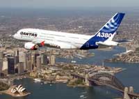 Qantas A380 flying over Sydney Harbour