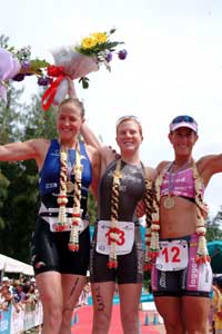 The winner of this years Triathlon for women Samantha McGlone (centre), Laura Bennett (left), who placed 2nd, and Belinda Granger (right), who finished in 3rd place.