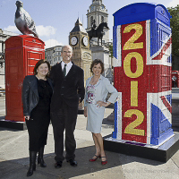 Sir Peter Blake and Swarovski Create Sparkling Union Jack Phone Box - BT ArtBox Launch at Trafalgar Square, Sandy Nairne, Suzi Williams and Esther Rantzen OBE
