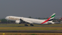 Emirates Boeing 777 reg: A6-EBX taking off from Soekarno–Hatta International Airport in Jakarta, Indonesia.