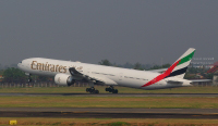 Emirates Boeing 777 reg: A6-EBX taking off from SoekarnoHatta International Airport in Jakarta, Indonesia.