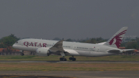 Qatar Airways Boeing 787-8 Dreamliner reg: A7-BCN taking off from Jakarta Airport in Indonesia.