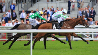 Two horses battling to win a race at Ascot Racecourse in Royal Berkshire, England.