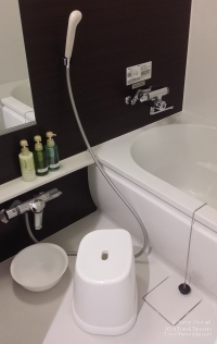 A very modern and very high quality traditional Japanese bathroom at a hotel in Soma, Fukushima, Japan