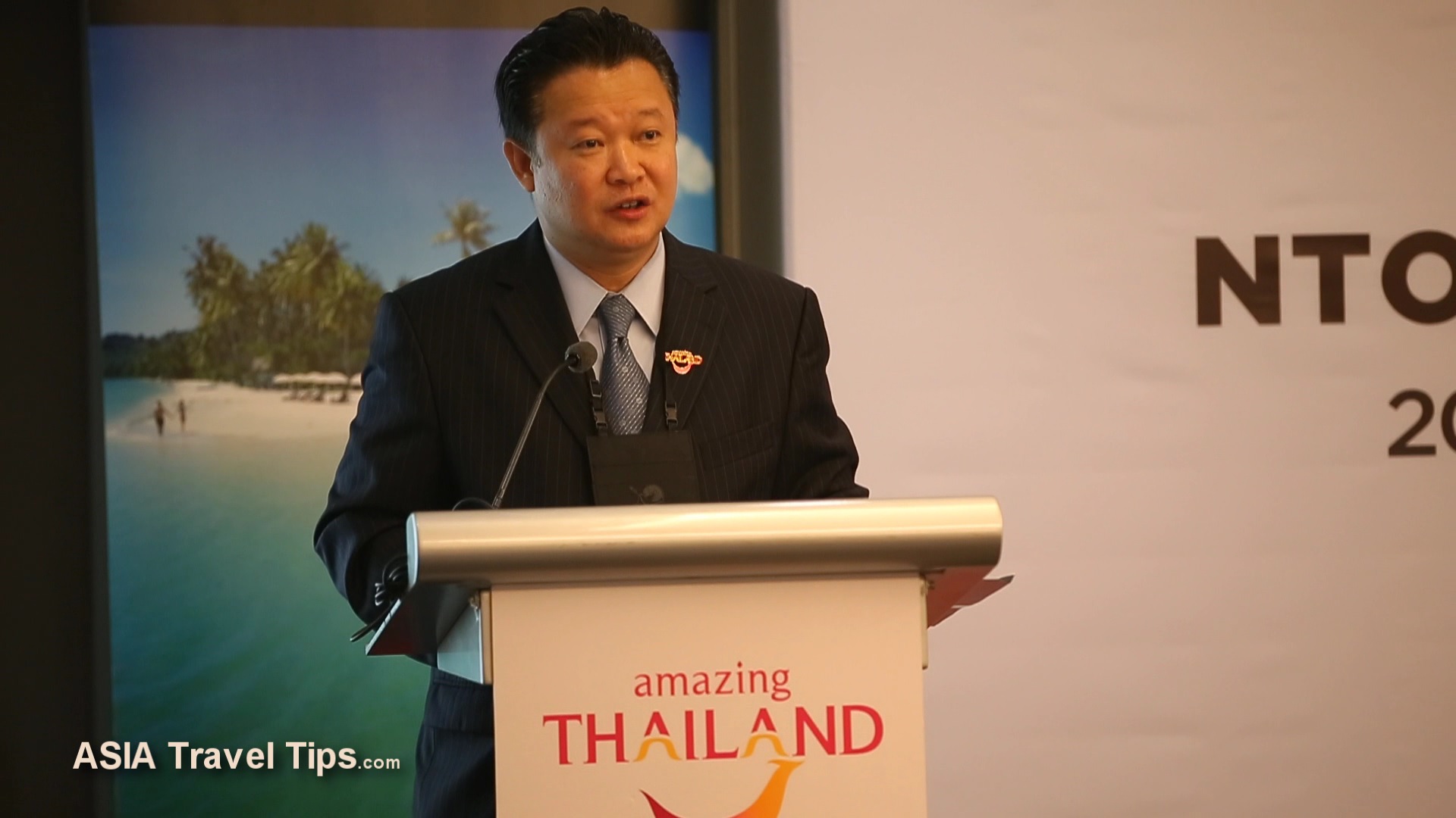 Yuthasak Supasorn, Governor of the Tourism Authority of Thailand, making a presentation at the ASEAN Tourism Forum 2016 in Manila, Philippines. Click to enlarge.