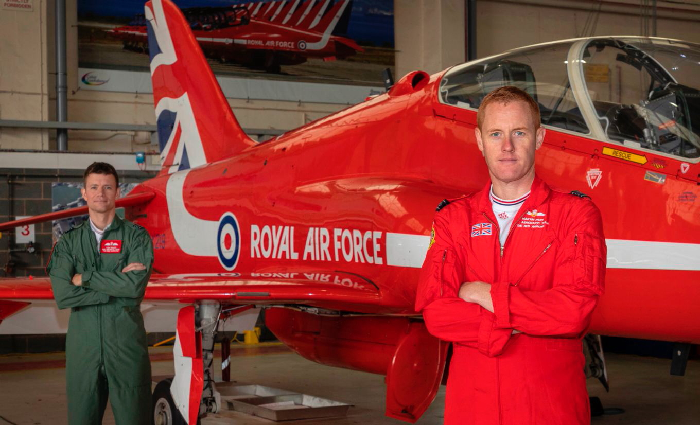 Not only has Squadron Leader Martin Pert, Team Leader 2018-2020, donated one of his iconic red flying suits but Squadron Leader Tom Bould, the new Red 1 for the next three seasons, has joined his team pilots by signing a Breitling Avenger RAF Red Arrows Limited Edition watch, donated by Breitling. Click to enlarge.