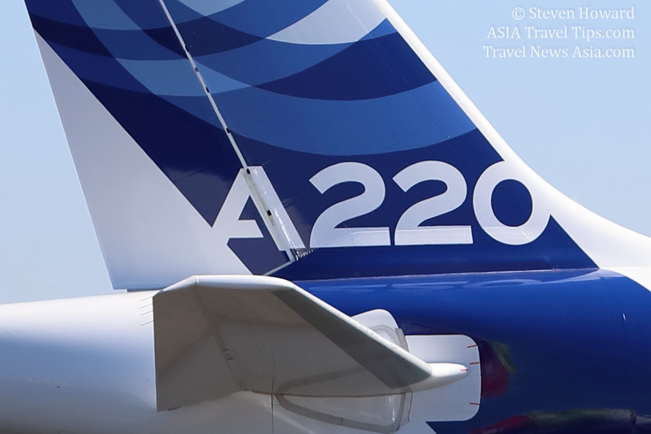 Tailfin of an Airbus A220-300. Picture by Steven Howard of TravelNewsAsia.com Click to enlarge.