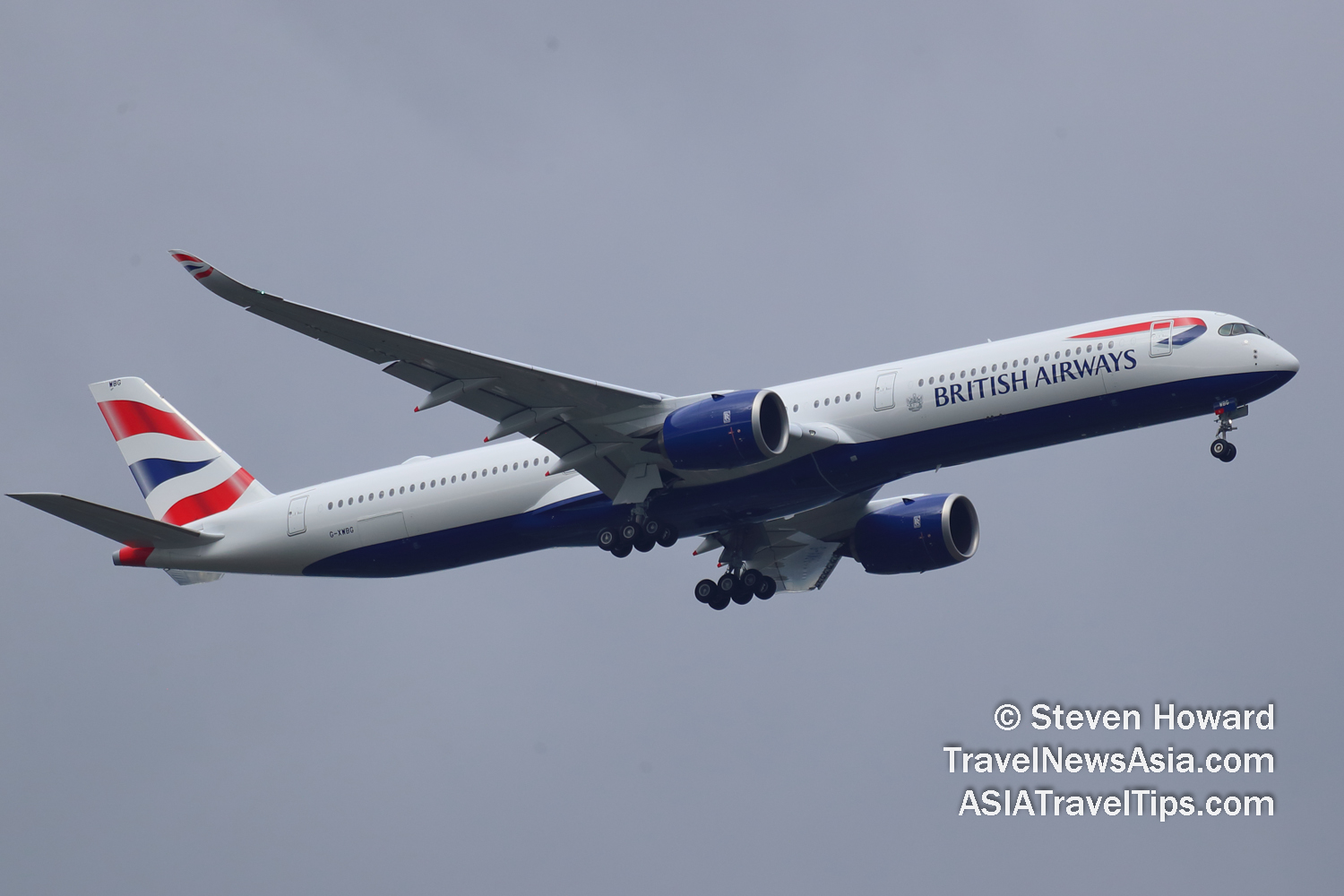 British Airways Airbus A350-1000 reg: G-XWBG. Picture by Steven Howard of TravelNewsAsia.com Click to enlarge.