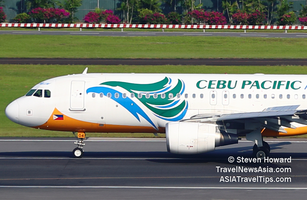 Cebu Pacific Airbus A320 reg: RP-C4104. Picture by Steven Howard of TravelNewsAsia.com Click to enlarge.