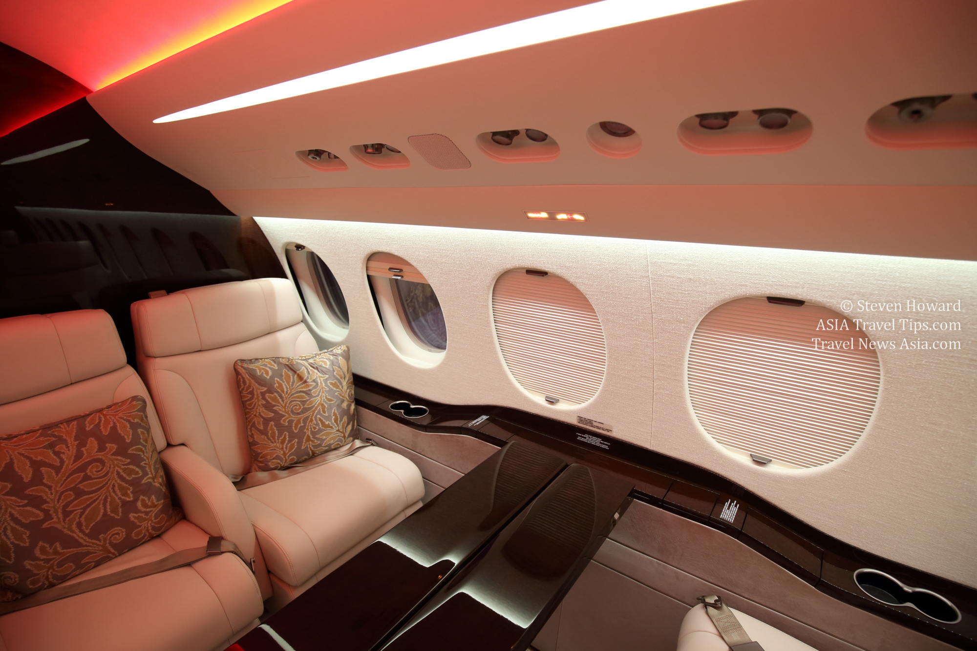 Luxurious interior of a Dassault Falcon 8X. Picture by Steven Howard of TravelNewsAsia.com Click to enlarge.