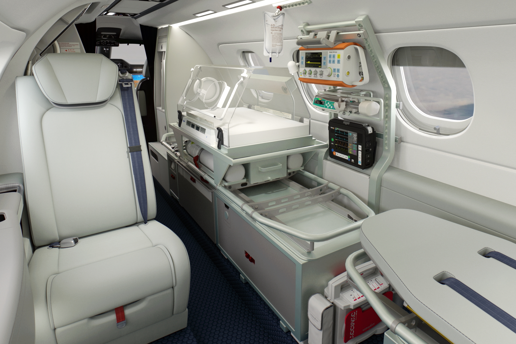 Embraer has launched a Medevac solution for Phenom 300 series aircraft. Designed for both civil and government applications, the Medevac solution will be installed exclusively by Embraer’s Services & Support organization. It is also available for retrofit, through a partnership with umlaut and Aerolite. Click to enlarge.
