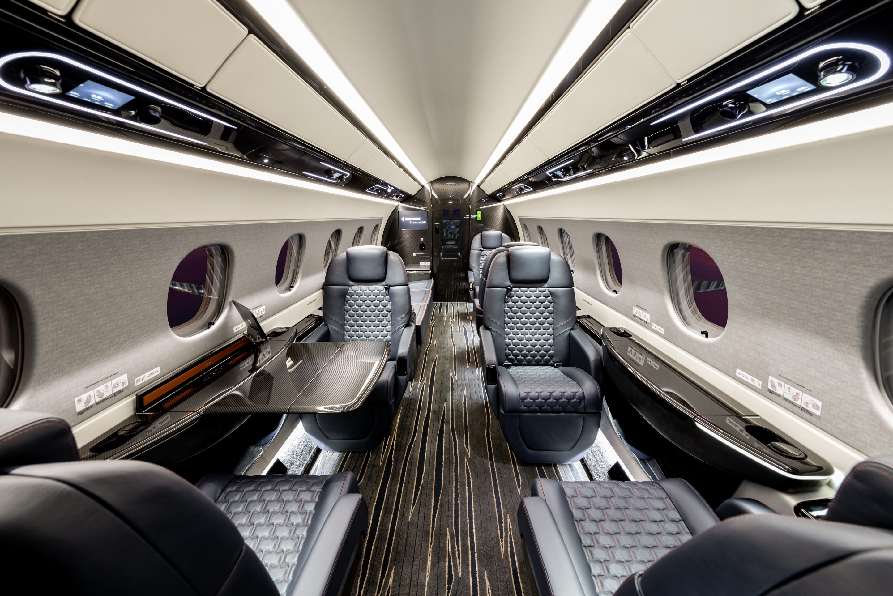 Luxurious cabin of a Embraer Praetor 600. Click to enlarge.