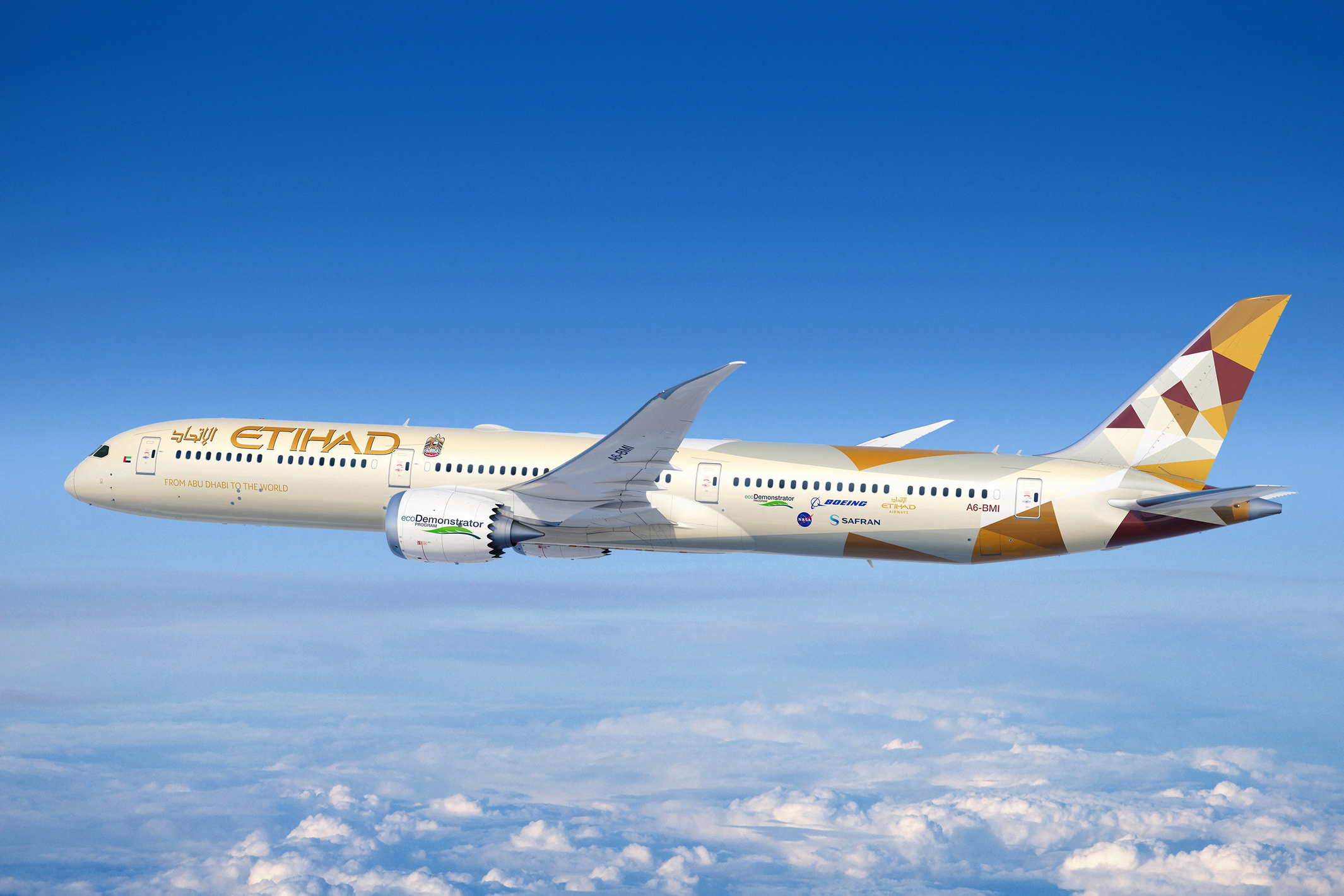 Boeing and Etihad Airways will use a 787-10 Dreamliner to test ways to reduce emissions and noise as part of the aerospace company's ecoDemonstrator program before the airline accepts delivery of the airplane this fall. The collaboration, which includes extensive sound measurement testing with industry partners, builds on a strategic sustainability alliance Boeing and Etihad formed in November 2019. Click to enlarge.