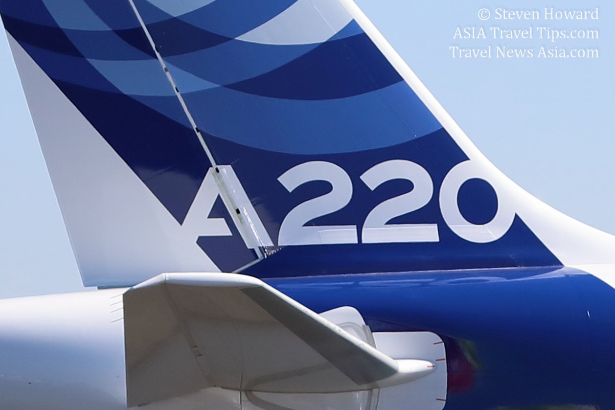 Tailfin of an Airbus A220. Picture by Steven Howard of TravelNewsAsia.com Click to enlarge.