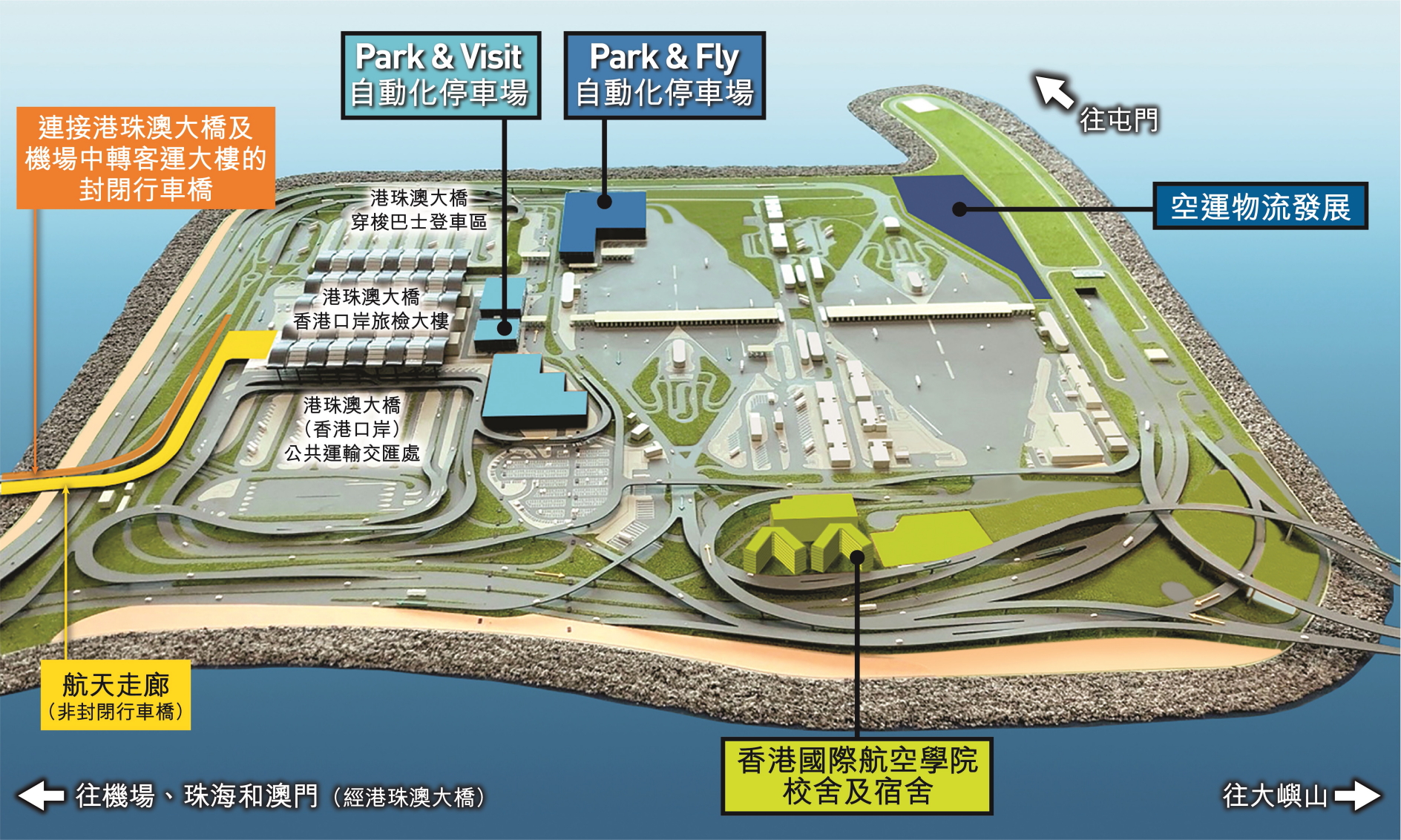 The Airport Authority's proposals for the development of the Hong Kong Boundary Crossing Facilities (HKBCF) Island of Hong Kong-Zhuhai-Macao Bridge (HZMB) focus on enhancing HKIA’s services and development as part of the Airport City strategy. Click to enlarge.