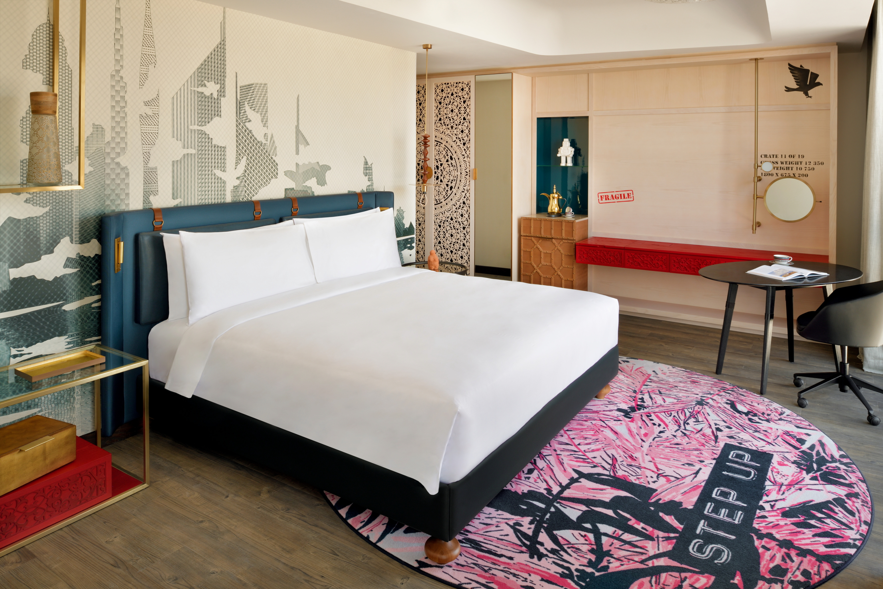 Each floor of the 269-room Hotel Indigo Dubai Downtown is dedicated to one artist, giving guests an opportunity to enjoy a variety of art on the way to their rooms. Click to enlarge.