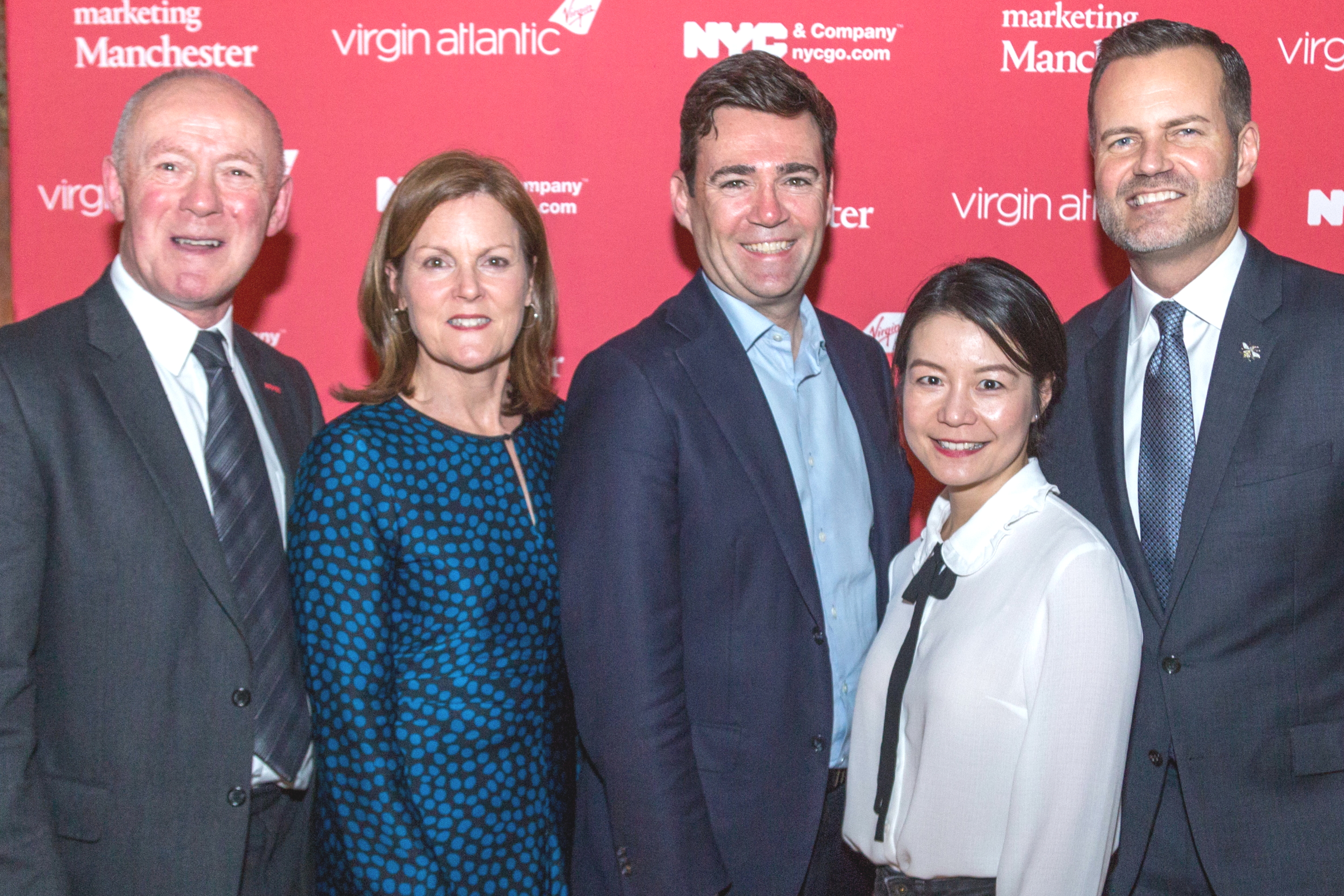 L-R: Sir Richard Leese (Leader, Manchester City Council), Sheona Southern (Managing Director, Marketing Manchester), Andy Burnham (Mayor, Greater Manchester), Hai Bei Chen (Head of Brand Strategy and Campaigns, Virgin Atlantic), Fred Dixon (President and CEO, NYC & Company). Click to enlarge.