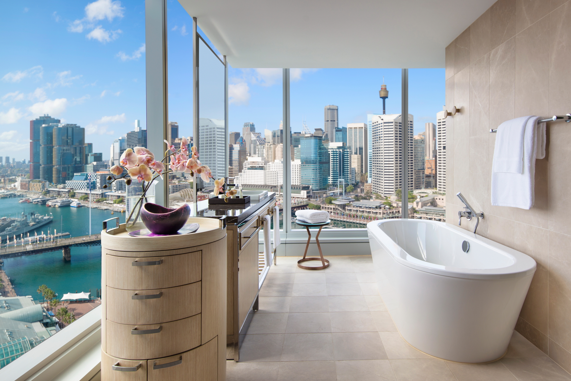 One of the world's coolest hotel bathrooms can be found at the Sofitel Sydney Darling Harbour. The luxury hotel is part of Accor. Click to enlarge.