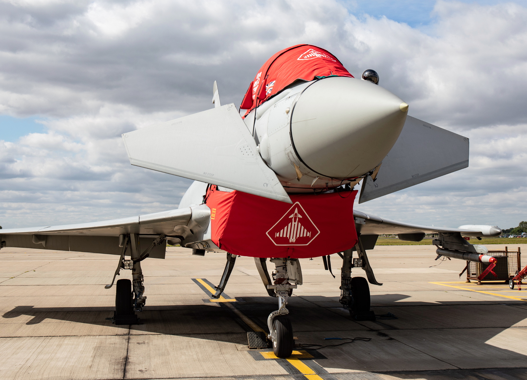 The majority of the RAF Typhoon fleet will sport standard charcoal grey covers, but the Typhoon Display Team aircraft, operated by 29 Squadron at RAF Coningsby, will wear distinctive red covers. Click to enlarge.