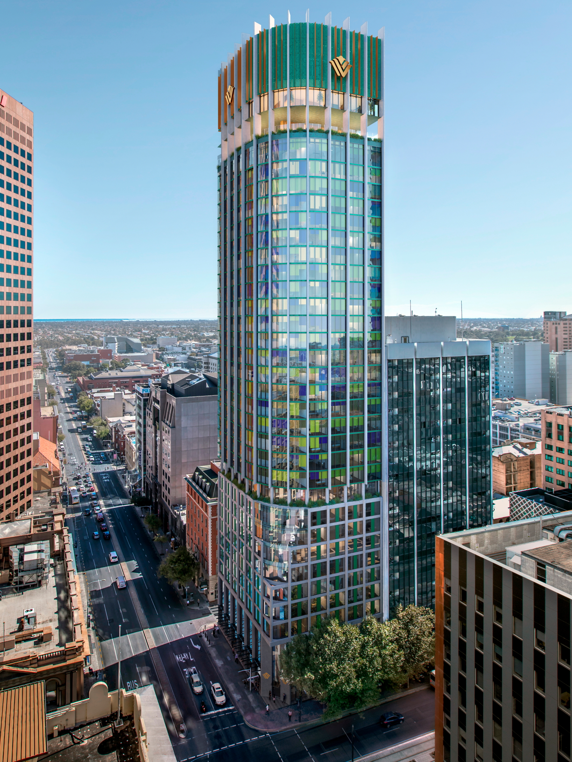 The Wyndham Grand Adelaide will rise 120 meters from King William Street in Adelaide’s Central Business District, becoming a new icon for the city.. Click to enlarge.