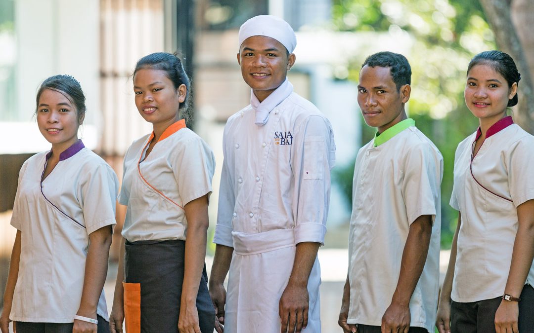 Launched in 2002, Sala Baï Hotel and Restaurant School in Cambodia is a program created by the French NGO Agir Pour le Cambodge (APLC), to fight poverty and human trafficking through social and professional training of young underprivileged Cambodians. Click to enlarge.