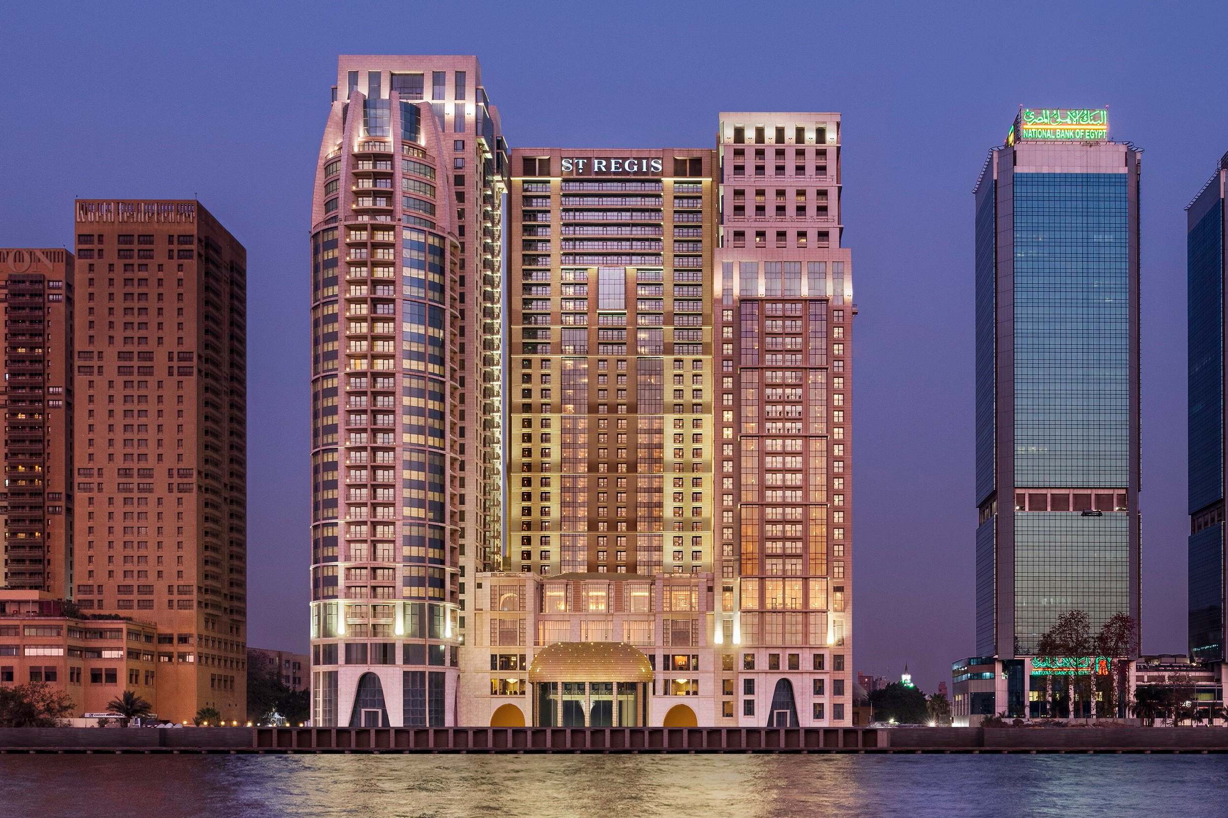 Rising from a bank of the River Nile at the north end of the Corniche, the 39-storey St. Regis Cairo is located in the heart of Egypt’s bustling metropolis. Click to enlarge.