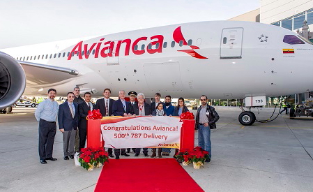 Boeing this week delivered the 500th 787 Dreamliner, a 787-8 to Avianca, marking another milestone in the program’s history. Boeing and Avianca executives are seen here celebrating the delivery at the Everett Delivery Center.