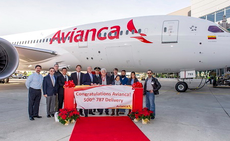 Boeing this week delivered the 500th 787 Dreamliner, a 787-8 to Avianca, marking another milestone in the programs history. Boeing and Avianca executives are seen here celebrating the delivery at the Everett Delivery Center.