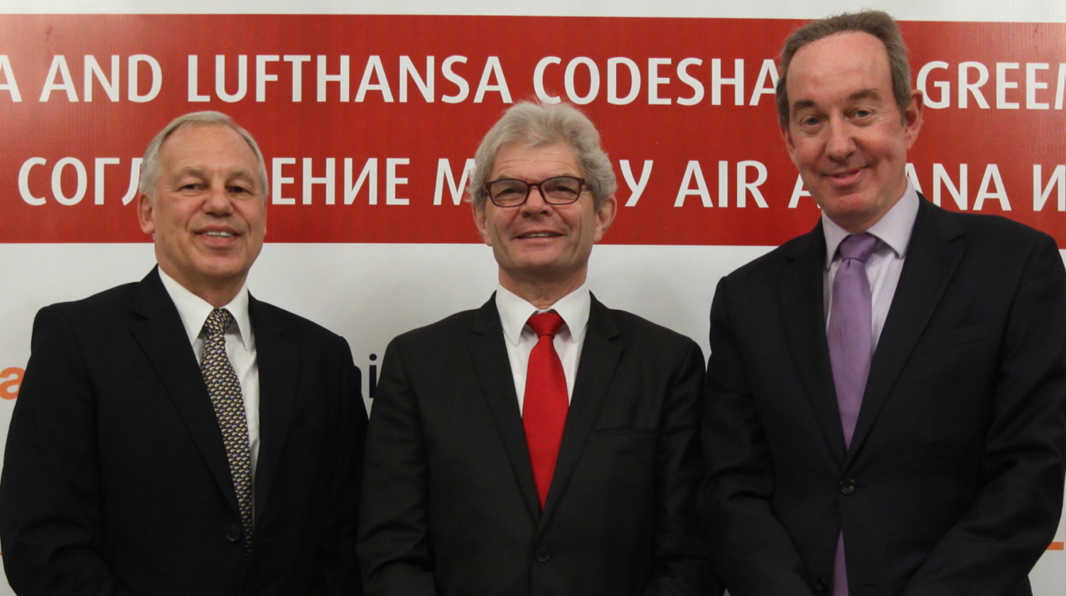 Air Astana and Lufthansa sign codeshare agreement. From left to right: Axel Hilgers, Senior Director Sales Russia, CIS & Israel, Lufthansa Group, Rolf Mafael -  Ambassador of the German Federal Republic to the Republic of Kazakhstan and Peter Foster, President and Chief Executive Officer of Air Astana