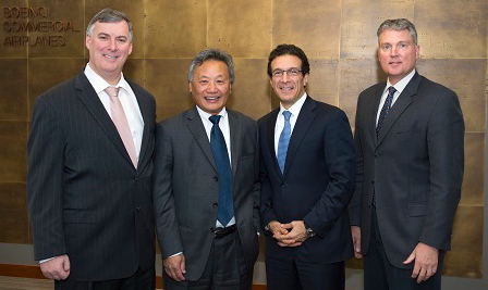 CDB Aviation Lease Finance orders 30 Boeing 737 MAX 8 airplanes. Seen here (from left to right) are Kevin McAllister, President and Chief Executive Officer, Commercial Airplanes, Peter Chang, President & CEO, CDB Aviation Lease Finance, Ihssane Mounir, Vice President, Global Sales & Marketing, Commercial Airplanes, and Rick Anderson, Vice President of Northeast Asia Sales.