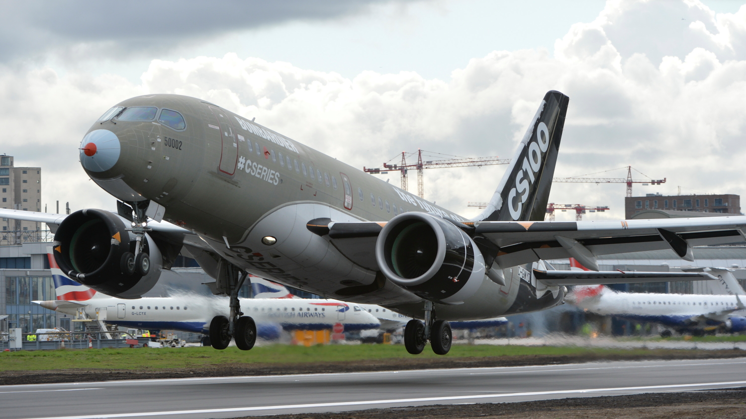 Bombardier CS100 aircraft performing validation tests at London City Airport