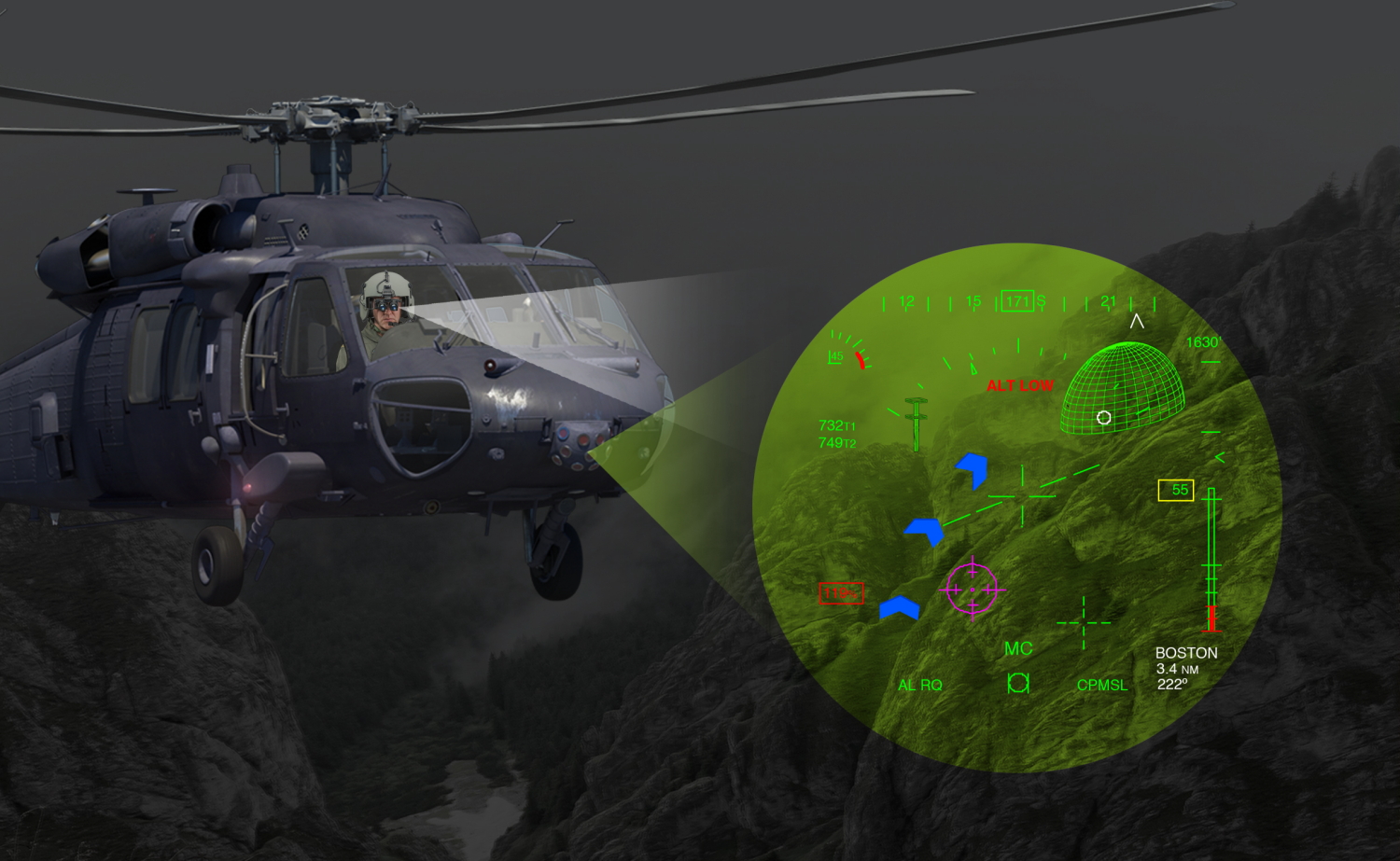 BrightNite is a multi-spectral end-to-end panoramic piloting solution that delivers the landscape scenery directly to both eyes of the pilot, including 2D flight Symbology and 3D mission symbology, enabling intuitive head-up eyes-out orientation flight in pitch dark and other low visibility landing conditions, including Elbit Systems unique brownout symbology.