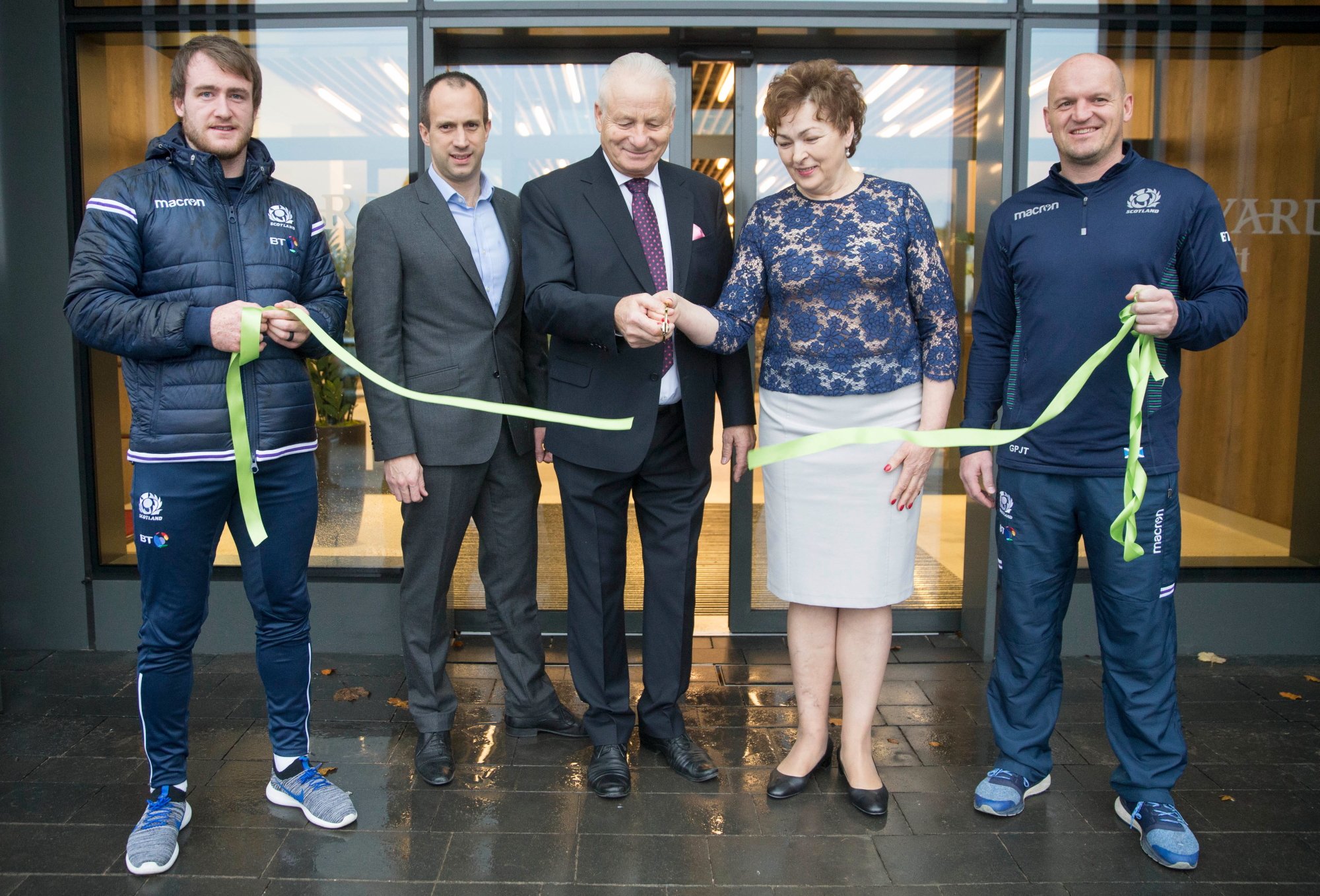 Scotland national rugby union squad Head Coach, Gregor Townsend and man of the moment Stuart Hogg helped Will Macpherson, manager of Courtyard by Marriott Edinburgh West, at the official opening of the hotel with owners Eugeniusz Slominski and his wife Gabriela. Click to enlarge.