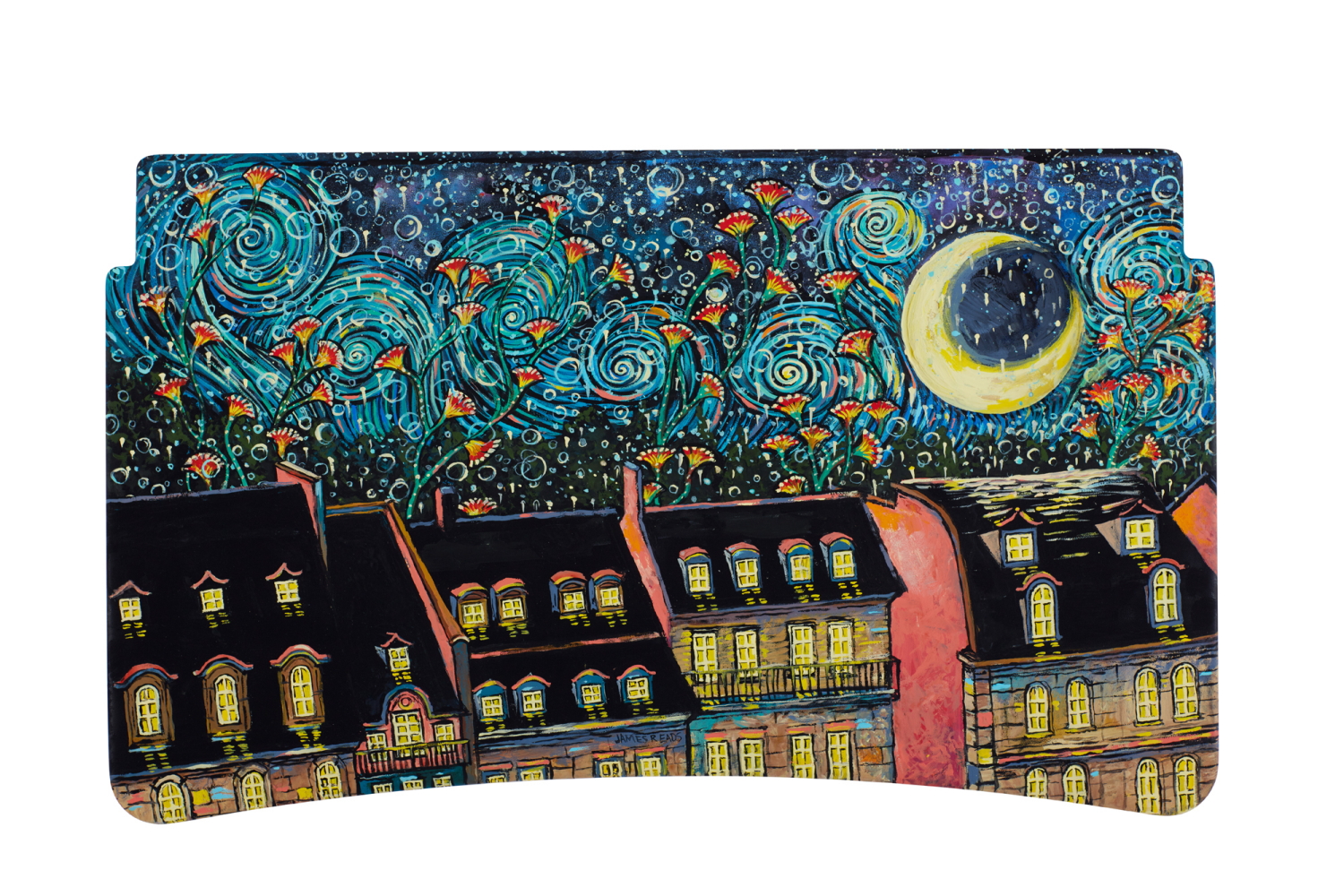 Artistic tray table for Delta Air Lines by James R. Eads (Paris). With its swirling, effervescent night sky, James portrait of Paris captures the magic of the city at night.