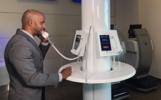 Delta Air Lines has enhanced its customer service operations at Ronald Reagan Washington National Airport (DCA) with live video chat. Interactive digital screens with individual receivers are now featured at the redesigned Delta Sky Assist so customers can connect face-to-face with Delta specialists. Click to enlarge.