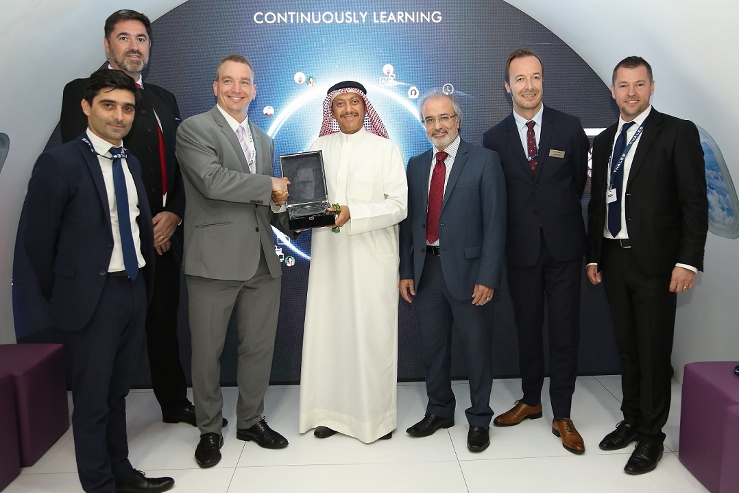 From left to right: Mr Alain Correia - Thales Country Director for Bahrain, Mr Pierre Rozec - Thales Avionics Regional Sales Manager,  Mr Eric Huber – Vice President, General Manager Thales Avionics ASW, Captain Waleed Abdulhameed Al Alawi, Gulf Air Deputy Chief Executive Officer, Mr Jamal Abdulrahman Hashim – Gulf Air Chief Technical Officer, Mr François Piolet – Vice President Thales Avionics EUMEA, Mr Yannick Lefebvre, Thales Avionics MEA Account Director. Click to enlarge.