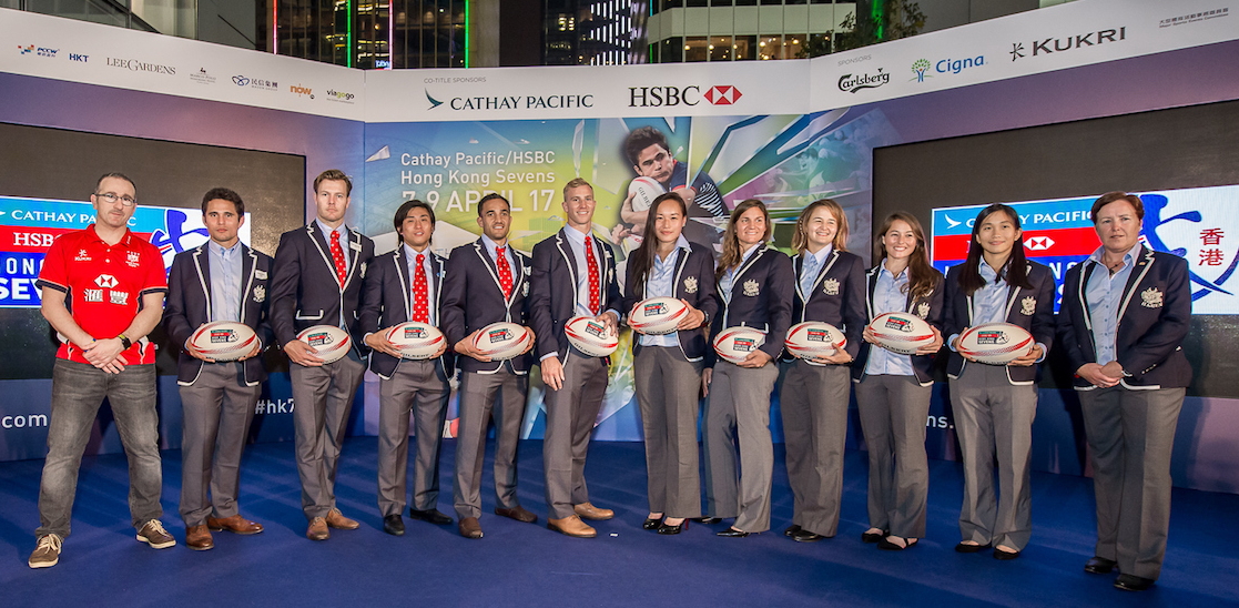 Paul John (far left) and Anna Richards (far right) with members of the HKG Mens and Womens 7s Squads