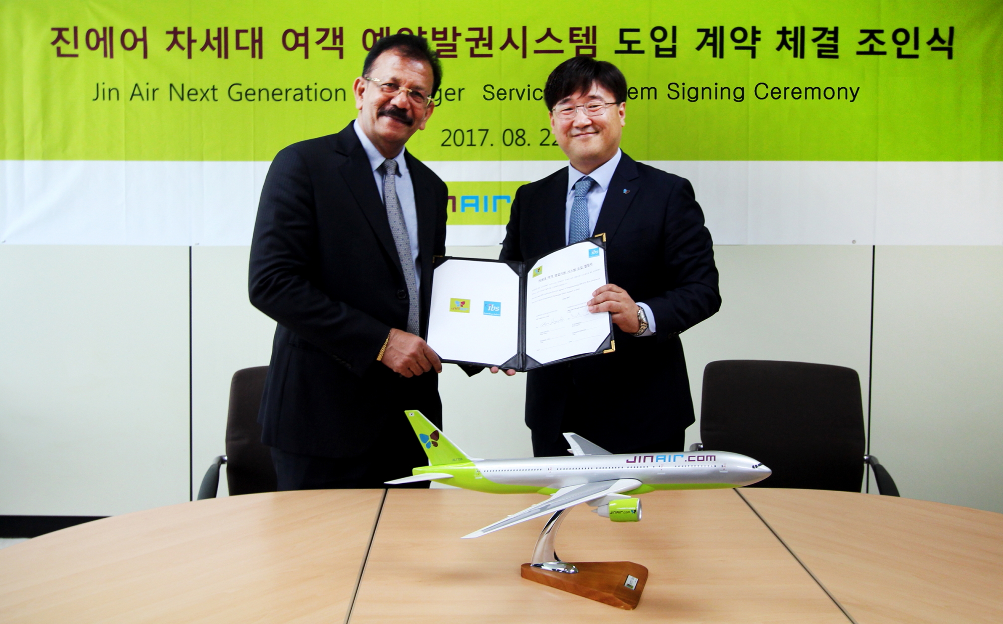 South Korea's Jin Air has signed a contract with IBS, a global aviation IT service company, to implement the iFly Res Passenger Services System (PSS). The contract ceremony was attended by chief representatives, including Mr. Choi Jeong-ho, President and CEO of Jin Air and Mr. V.K Matthew, Chairman of IBS. Click to enlarge.