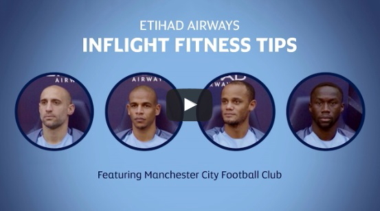 Vincent Kompany, Pablo Zabaleta, Fernando and Bacary Sagna team up with Etihad Airways cabin crew members to perform a series of stretches and exercise tips.